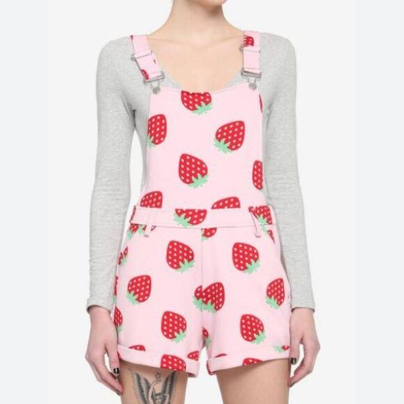 Hot Topic Pink Red Green Novelty Strawberry Print Overalls Shortalls Size M - Picture 1 of 14